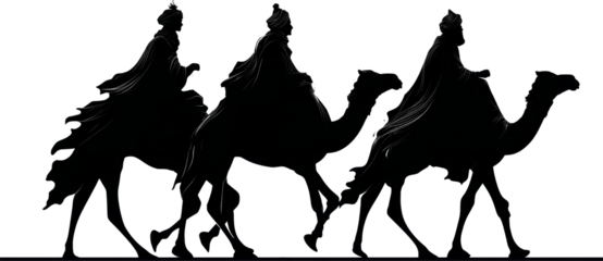 Reverent silhouette of three wise men riding camel on holy journey