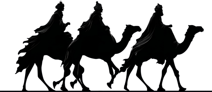 Reverent silhouette of three wise men riding camel on holy journey