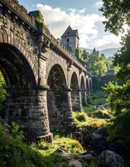 Stone bridge with multiple arches crossing a lush, green valley