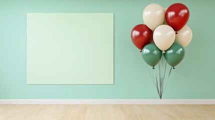 Pastel room mockup with colorful balloons and blank canvas render