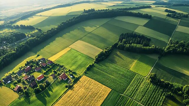 Aerial view showing green farmland patchwork with houses