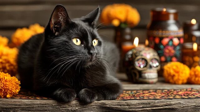 Day Of The Dead, Black Cat Among Vibrant Marigolds and Decorative Candles for Autumn Serenity