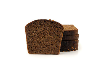 Black rye bread isolated, dark brown sliced loaf, sourdough borodinsky rugbrod square slices