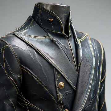 Hyper-realistic animation modern black suit with subtle platinum thread juggernaut style