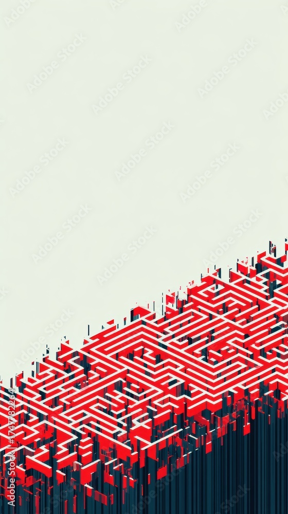Wall mural abstract maze pattern design with vivid red and black colors