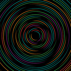 Abstract background with lines in circle. Art design spiral as design element. Multi color lines on black background.