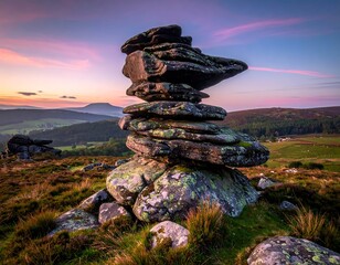 Stone cairn balanced on a grassy hillside under a sunset sky