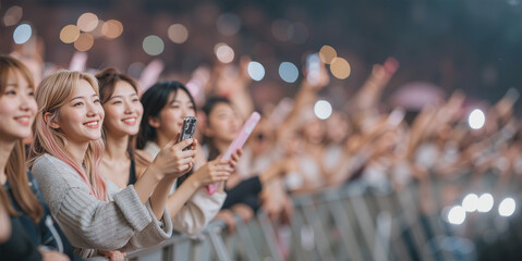 A group of joyful young Korean women with blonde and pink hair in the front row of an idol concert, smiling and recording the show on their phones amidst a cheering audience of fans.