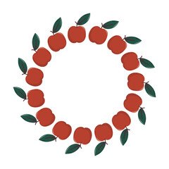 Apple Circle Frame Isolated on White Background. Round frame made of red apples with green leaves arranged in a circle on white background, ideal for food design and natural themes.