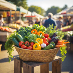 Fresh vegetables and fruit basket in the market