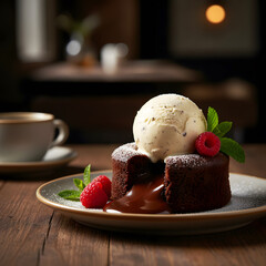 Chocolate cake with ice-cream and straw berries