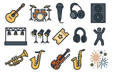 Musical instruments and concert icons including guitar, drum set, microphone, and headphones
