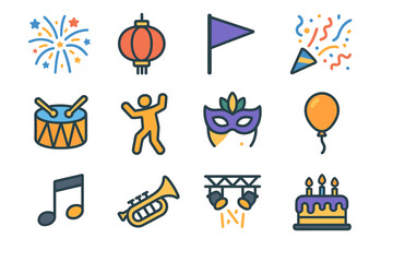 Colorful party icons with drums, balloons, and mask decorations