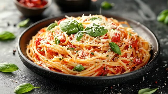 Spaghetti with tomato sauce, basil, and parmesan being sprinkled
