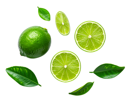 Top View of Whole and Sliced Lime Combination, Minimal Flat-Lay Design, Isolated on White Background
