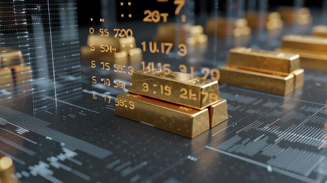 Gold bar stack on digital financial data interface with glowing particles and charts symbolizing investment wealth growth and technology innovation in futuristic economy concept - Powered by Adobe