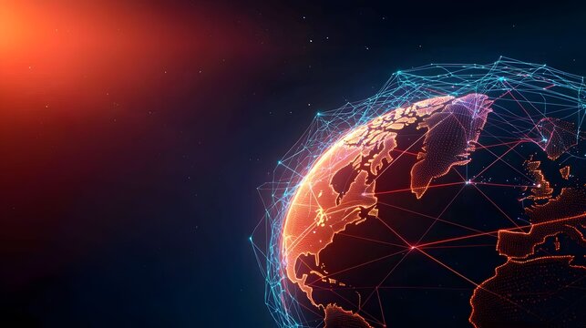 The image features a digital rendering of the Earth, defined by vibrant orange dotted outlines of continents, overlaid with a luminous network of blue and red connecting lines.
