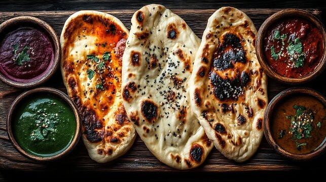 Top-view Indian feast on dark backdrop: studio HDR spotlight captures curry gloss & cumin texture, ample copy space, ecommerce hero, menu poster or food-mag spread