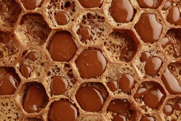 Close-up view of honeycomb cells filled with liquid brown substance