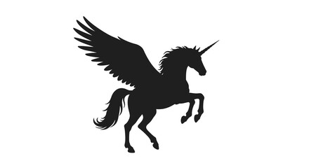 Majestic silhouette of a black winged unicorn rearing up against a silhouette