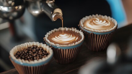 Close up shot of preparing coffee beverage with latte art design