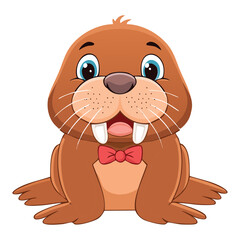 Cute Brown Walrus Face Smiling with an Orange Bow Tie Illustration Ideal for Educational and Children's Designs