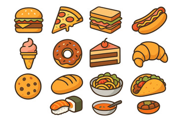 Assorted cartoon foods: pizza, sandwich, croissant, sushi, and more