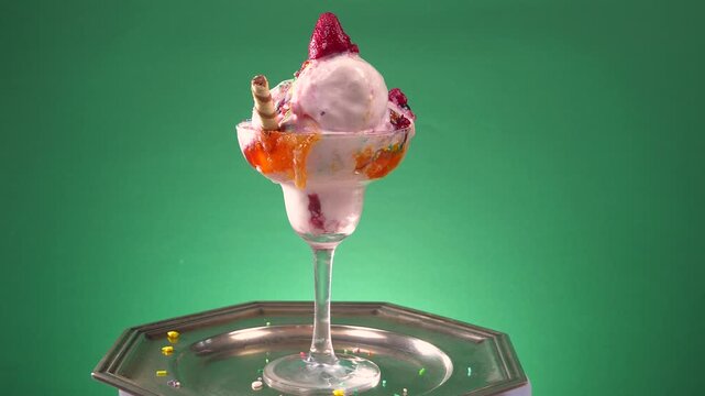 Scoops of vanilla ice cream in a glass bowl, sprinkled with chocolate and drizzled with syrup, slowly rotate against a brightly colored background.