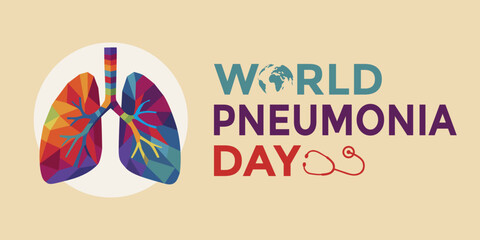 World Pneumonia Day banner. Colorful geometric vector illustration of human lungs. The design highlights global awareness of respiratory health and pneumonia prevention.