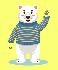  Adorable Polar Bear Animal Waving with an Enthusiastic Smile Wearing a Blue and White Striped Sweater