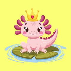Cheerful Pink Axolotl Animal Queen Character with a Golden Crown Posing Proudly on a Green Lilypad