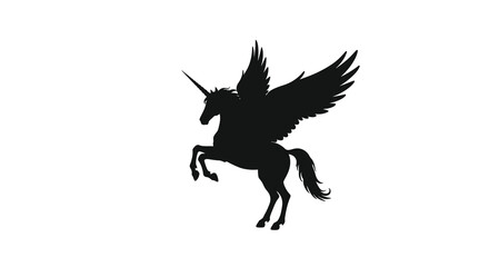 Mythical pegasus unicorn creature silhouette standing front legs up wings spread fantasy animal symbol silhouette