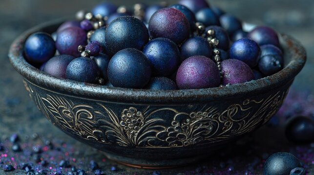 Stunning deep blue and purple holiday ornaments sparkle in ornate dark bowl, perfect for festive decor and elegant gifting - Powered by Adobe