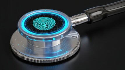 AI integrated medical security, A futuristic stethoscope with a digital fingerprint display, the intersection of healthcare and technology