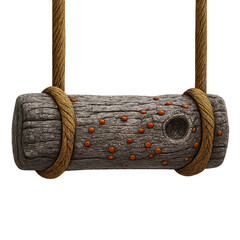 Textured Wooden Log Sign with Orange Spots Suspended by Ropes rustic hanging isolated on a transparent background