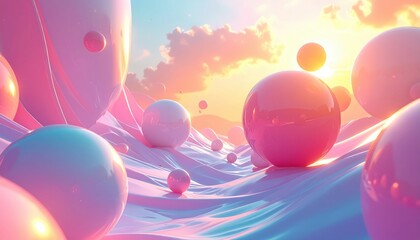 Dreamy landscape presents a surreal scene with vibrant pink, purple, and blue spheres floating above a rippled, textured surface bathed in warm light, creating a captivating composition with soft...