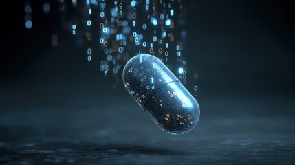 AI integrated medical security, A futuristic capsule floats amidst cascading binary code, the intersection of technology and medicine
