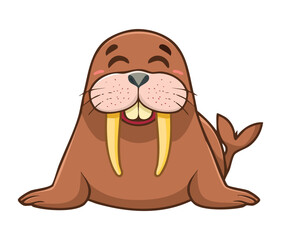 Happy Cartoon Brown Walrus With Large Tusks Waving Its Flipper and Smiling for a Cheerful Marine Animal Illustration