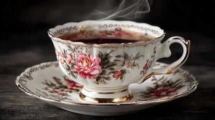 Fototapeta premium Elegant porcelain teacup with vibrant floral design and steaming hot beverage, exuding warmth and tradition.