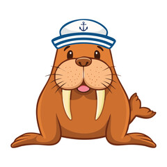 Happy Sailor Walrus Wearing Blue and White Striped Hat and Collar Nautical Marine Animal Character Vector Cartoon Mascot