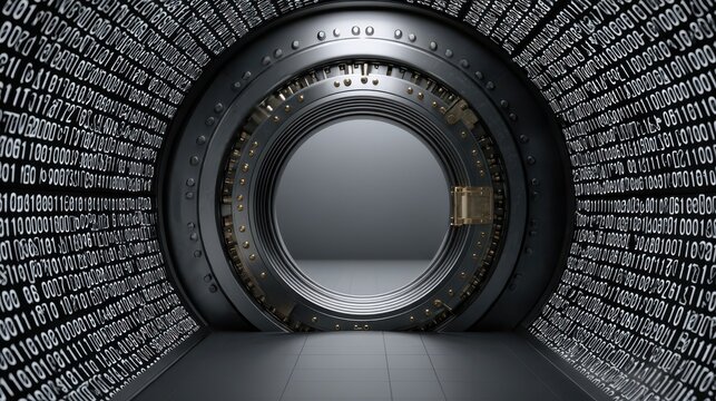 AI integrated medical security, A futuristic vault door surrounded by binary code, security, data protection, and technology in a digital age