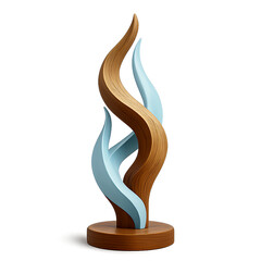 Abstract Sculpture with Flowing Wood and Light Blue Elements on a Wooden Base contemporary isolated on a transparent background