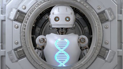 AI integrated medical security, A futuristic robot with a glowing DNA strand on its chest, standing inside a circular mechanical frame against a sleek, metallic background