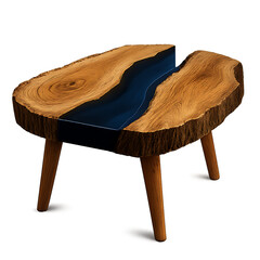 Live Edge Wood Slab Coffee Table with Deep Blue Resin River Inlay and Tapered Legs isolated on a transparent background