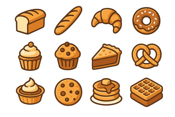 Illustrated assortment of baked goods including bread, donut, and pastry icons