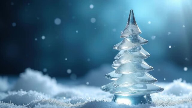 Crystal glass christmas tree figurine on snowy foreground against soft blue bokeh background, right aligned with wide copy space, gentle snowfall and glittering frost, festive winter atmosphere