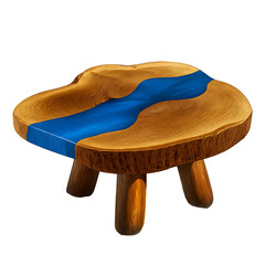 Modern Live Edge Wood and Blue Resin Accent Table with Four Legs side table end table isolated on a transparent background