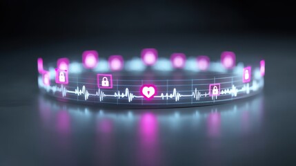 AI integrated medical security, A futuristic visual a circular neon display with heartbeat signals and lock icons, health and digital security