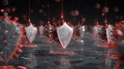 AI integrated medical security, A digital artwork depicting shields resembling viruses, illuminated in red and suspended in a dark, futuristic environment