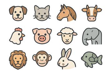 Cute animal icons: dog, cat, horse, cow, chicken, pig, sheep, elephant, lion, monkey, rabbit, fish